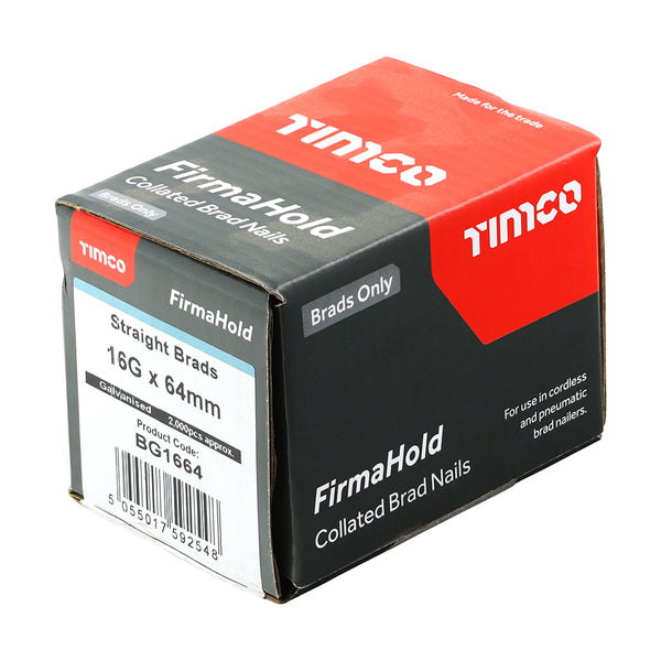 TIMCO FirmaHold Collated 16 Gauge Straight Galvanised Brad Nails - 16g x 64 (2000pcs)