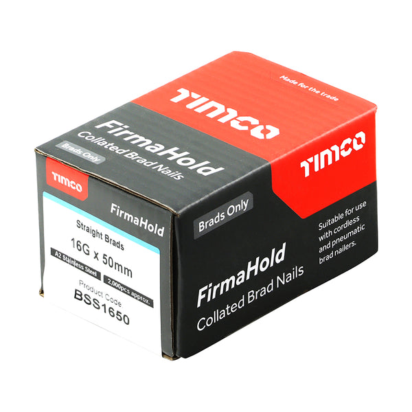 TIMCO FirmaHold Collated 16 Gauge Straight A2 Stainless Steel Brad Nails - 16g x 50 (2000pcs)