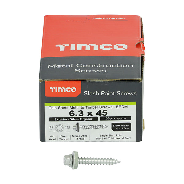 TIMCO Slash Point Sheet Metal to Timber Drill Screw Exterior Silver with EPDM Washer - 6.3 x 45 (100pcs)