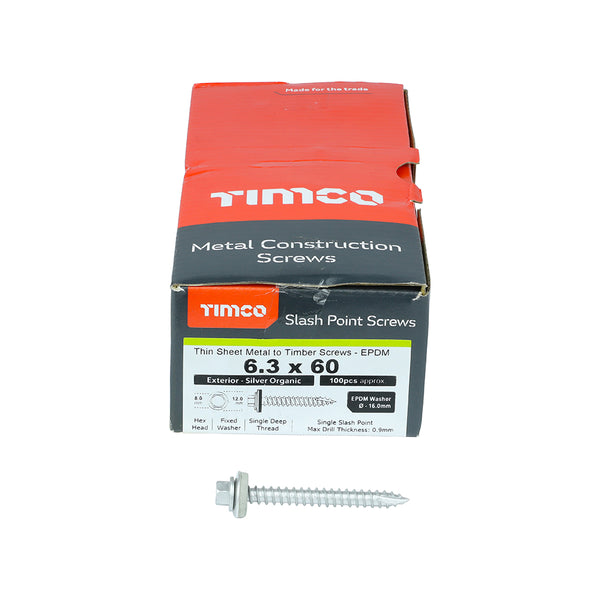 TIMCO Slash Point Sheet Metal to Timber Drill Screw Exterior Silver with EPDM Washer - 6.3 x 60 (100pcs)