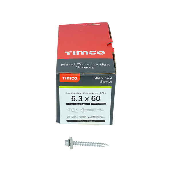 TIMCO Slash Point Sheet Metal to Timber Drill Screw Exterior Silver with EPDM Washer - 6.3 x 60 (100pcs)