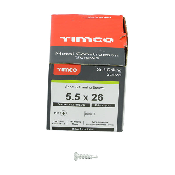 TIMCO Self-Drilling Metal Framing Low Profile Pancake Head Exterior Silver Screws - 5.5 x 26 (500pcs)