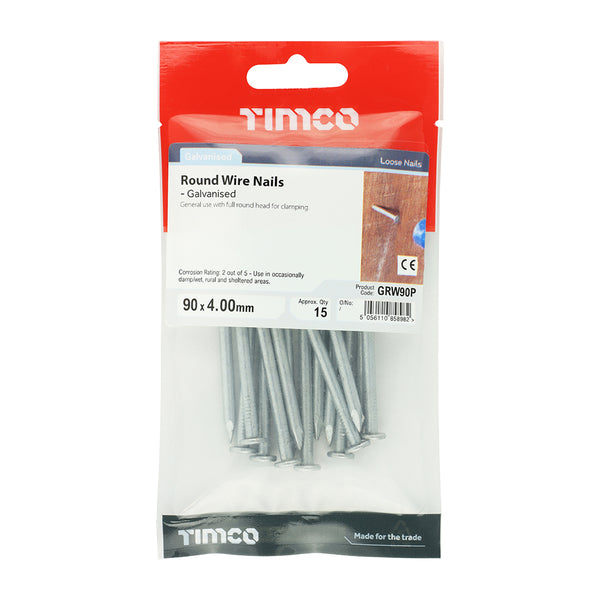 TIMCO Round Wire Nail Galvanised - 90 x 4.00 (15pcs)