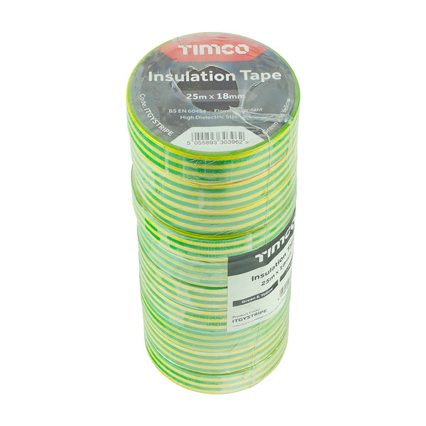 TIMCO PVC Insulation Tape Yellow & Green Stripe - 25m x 18mm (10pcs)