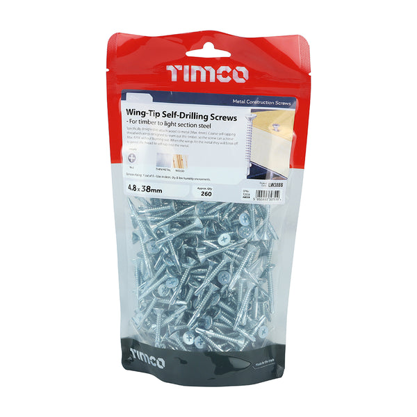 TIMCO Self-Drilling Wing-Tip Steel to Timber Light Section Silver Drill Screw - 4.8 x 38 (260pcs)