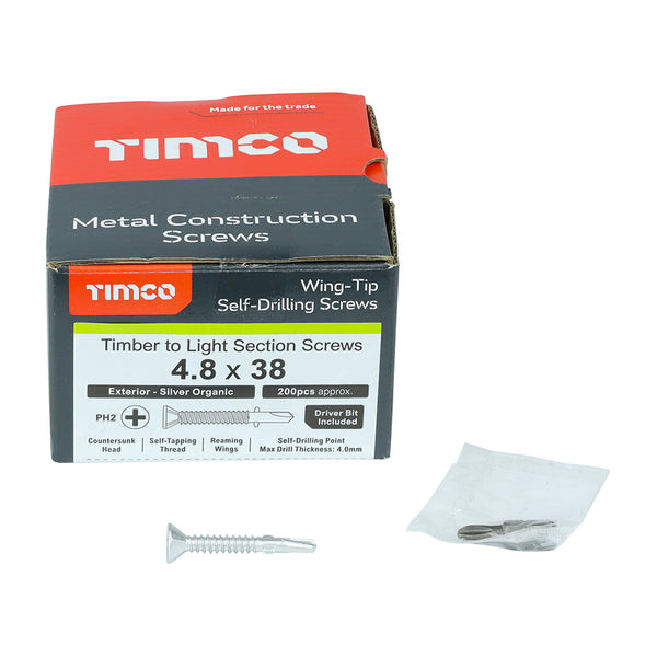 TIMCO Self-Drilling Wing-Tip Steel to Timber Light Section Exterior Silver Screws  - 4.8 x 38 (200pcs)