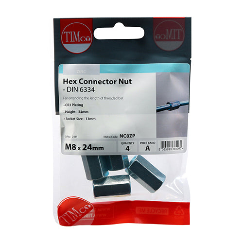 TIMCO Hex Connector Nuts DIN6334 Silver - M8 (4pcs)