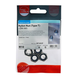 TIMCO Nylon Insert Nuts Type T DIN985 A2 Stainless Steel - M10 (4pcs)