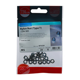 TIMCO Nylon Insert Nuts Type T DIN985 A2 Stainless Steel - M5 (20pcs)