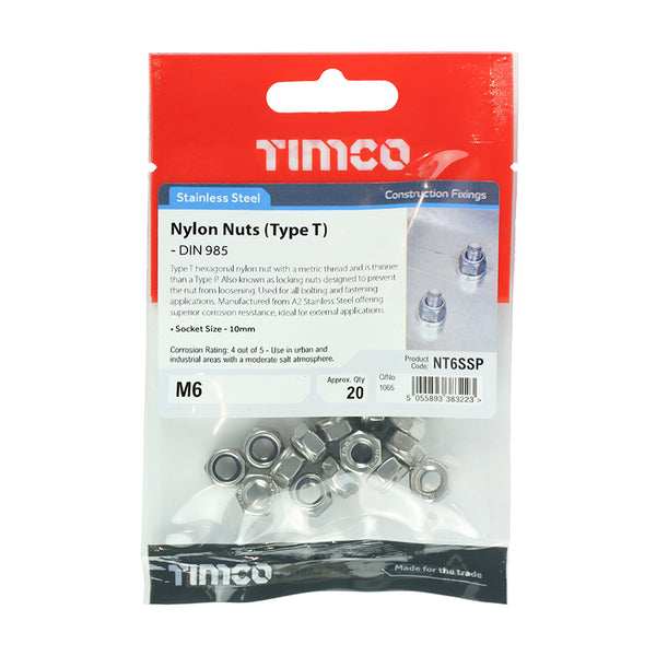 TIMCO Nylon Insert Nuts Type T DIN985 A2 Stainless Steel - M6 (20pcs)