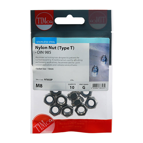 TIMCO Nylon Insert Nuts Type T DIN985 A2 Stainless Steel - M8 (10pcs)