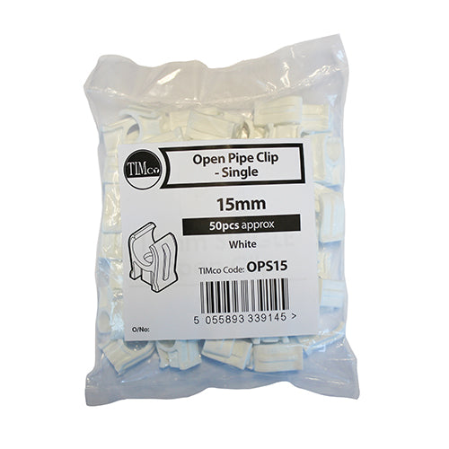 Single Snap-In Open Pipe Clips White  - 15mm (50pcs)