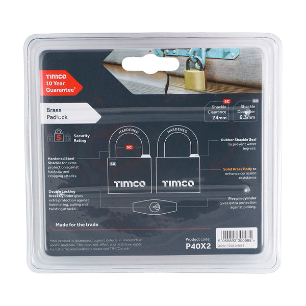 TIMCO Brass Padlock - 40mm (2pcs)