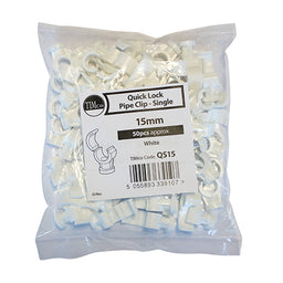 Quick Lock Single Pipe Clips White  - 15mm (50pcs)