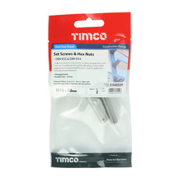 TIMCO Set Screws DIN933 Hex & Nut DIN934 Silver A2 Stainless Steel - M10 x 40 (2pcs)