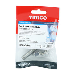 TIMCO Set Screws DIN933 Hex & Nut DIN934 Silver A2 Stainless Steel - M10 x 50 (2pcs)