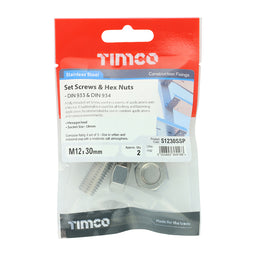 TIMCO Set Screws DIN933 Hex & Nut DIN934 Silver A2 Stainless Steel - M12 x 30 (2pcs)