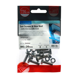 TIMCO Set Screws DIN933 Hex & Nut DIN934 Silver A2 Stainless Steel - M6 x 20 (8pcs)