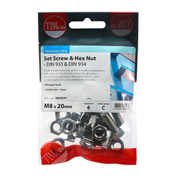 TIMCO Set Screws DIN933 Hex & Nut DIN934 Silver A2 Stainless Steel - M8 x 20 (6pcs)