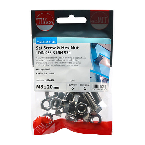 TIMCO Set Screws DIN933 Hex & Nut DIN934 Silver A2 Stainless Steel - M8 x 20 (6pcs)