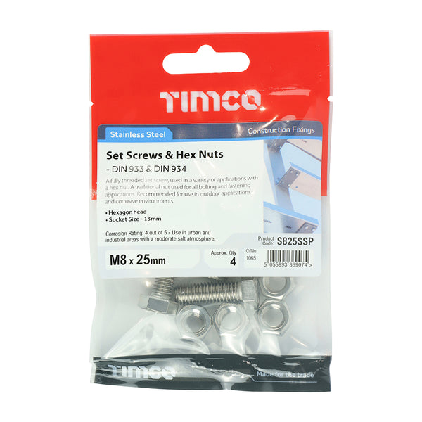 TIMCO Set Screws DIN933 Hex & Nut DIN934 Silver A2 Stainless Steel - M8 x 25 (4pcs)