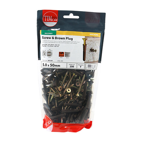 TIMCO Brown Premium Plastic Plugs With Twin-Threaded Countersunk Silver Woodscrews - 35mm Brown Plug, 5.0x50 Screw (125pcs)