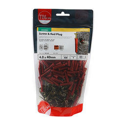 TIMCO Red Plastic Plugs with Screws - 30mm Red Plug, 4.0x40 Screw (200pcs)