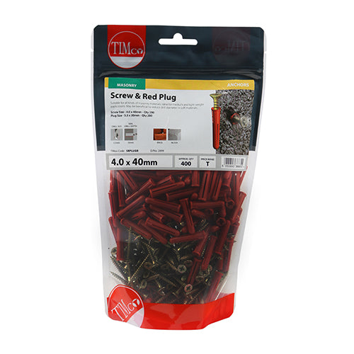 TIMCO Red Plastic Plugs with Screws - 30mm Red Plug, 4.0x40 Screw (200pcs)