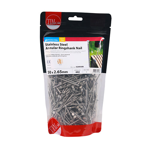 TIMCO Annular Ringshank Nails A2 Stainless Steel - 50 x 2.65 (1kg)