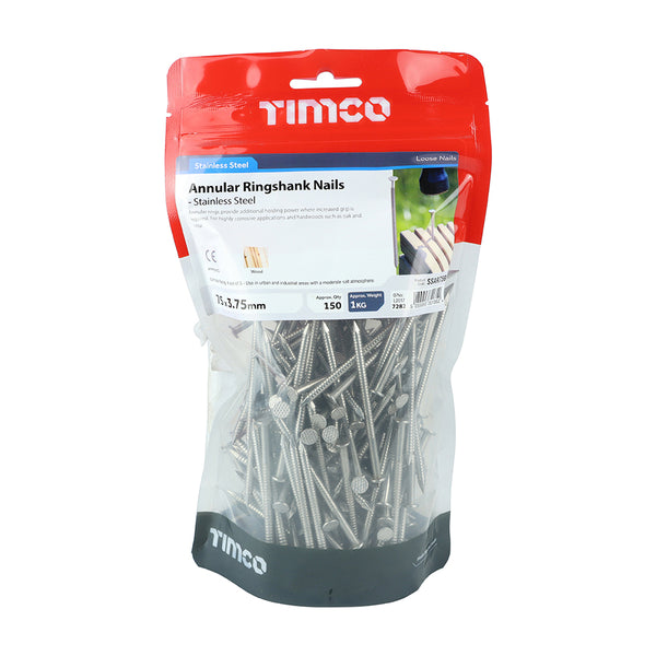 TIMCO Annular Ringshank Nails A2 Stainless Steel - 75 x 3.75 (1kg)