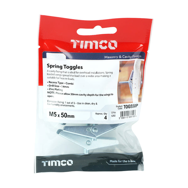 TIMCO Spring Toggle Cavity Anchors Silver - M5 x 50 (4pcs)