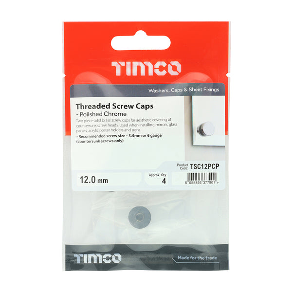 TIMCO Threaded Screw Caps Solid Brass Polished Chrome - 12mm (4pcs)