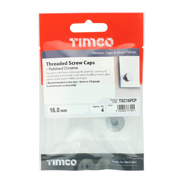 TIMCO Threaded Screw Caps Solid Brass Polished Chrome - 16mm (4pcs)